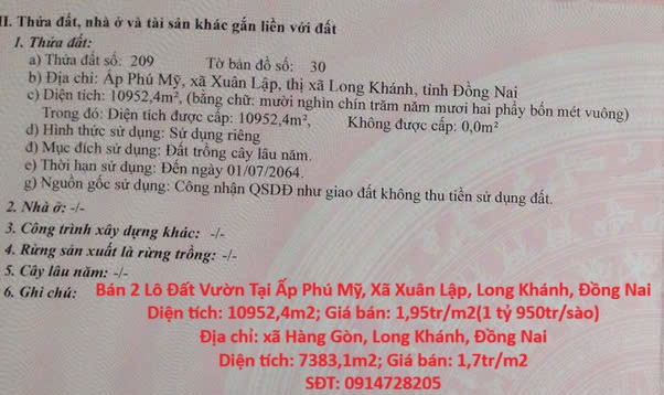 ĐẤT ĐẸP - ĐẦU TƯ LÀ SINH LỜI - Chính Chủ Bán 2 Lô Đất Vườn Tại Tp Long Khánh, Đồng Nai