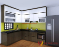 Mẫu Tủ Bếp Chữ L Gỗ MDF Màu Nâu Vân Gỗ Phối Trắng Phủ Acrylic